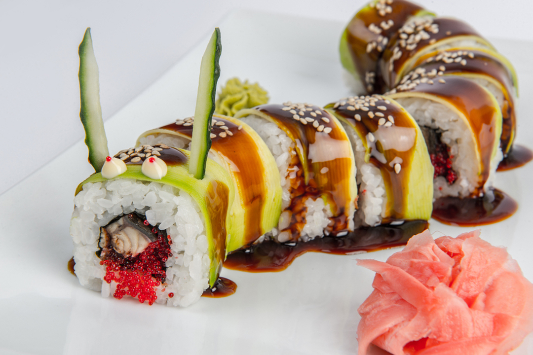 Feng Chophouse signature dishes Angry Dragon Roll, Sushi, Braised Short Rib, House Cured Bacon Fried Rice﻿﻿﻿﻿﻿﻿